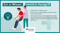 Heimlich-Handgriff Verschluckt sich jemand beim Essen oder einer anderen Tätigkeit, sollte die Person zunächst zum kräftigen Husten ermutigt werden.
Wenn das nicht hilft, ist schnelles Handeln lebensrettend! Sind Ihre Mitarbeiter auf eine solche Situation vorbereitet?
Fünf kräftige Schläge mit der flachen Hand zwischen die Schulterblätter können helfen. Wenn auch das nicht zur Besserung führt, legt die helfende Person von hinten die Arme um die Person, die sich verschluckt hat. Eine Hand wird als Faust unter Rippen und Brustbein gelegt, die andere Hand zieht sie ruckartig und kräftig nach hinten.