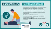 Herzdruckmassage Eine Herzdruckmassage ist in Notfallsituationen lebensrettend!
Umso wichtiger ist es, dass Sie Ihre Beschäftigten regelmäßig über lebensrettende Sofortmaßnahmen wie die Herzdruckmassage informieren: Im Falle eines Herz-Kreislauf-Stillstands ist schnelles Handeln entscheidend. Die Herz-Lungen-Wiederbelebung wird durchgeführt, wenn Bewusstlosigkeit und unregelmäßige Atmung vorliegen oder Unsicherheit darüber besteht. Bei Anwesenheit von mehreren Helfern können die Aufgaben verteilt oder abgewechselt werden, um Ermüdung zu vermeiden. In unserer Grafik zeigen wir Schritt für Schritt, wie eine Herzdruckmassage durchgeführt wird, um das Herz zu stimulieren, bis professionelle Hilfe eintrifft. Unsere Empfehlung: Organisieren Sie regelmäßig einen Erste-Hilfe-Kurs für Ihre Beschäftigten, um die lebensrettende Maßnahme zu erlernen und im Ernstfall handlungsbereit zu sein.