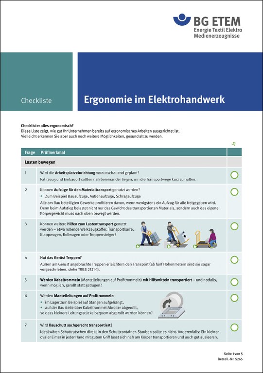 Neue BG ETEM-Checkliste: Ergonomie im Elektrohandwerk Neue BG ETEM-Checkliste: Ergonomie im Elektrohandwerk