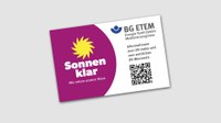 Neu: BG ETEM-Karte für den UV-Test Die neue UV-Testkarte im Checkkartenformat der BG ETEM hilft, die UV-Belastung beim Arbeiten im Freien einzuschätzen: einfach die Karte für 30 Sekunden ins Tageslicht halten, der weiße Kreis verfärbt sich dann lila; die nun angezeigte Verfärbung mit der aufgedruckten Farbskala vergleichen und auf diese Weise den abgeschätzten UV-Index ermitteln. Je stärker sich die Kreisfläche lila verfärbt, desto höher ist die UV-Belastung. Die Verwendung dieses Bildes ist nur in Verbindung mit der Medienankündigung und nicht zu anderen Zwecken gestattet.