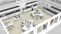 Darstellung eines Dentallabors mit typischen Arbeitsbereichen.